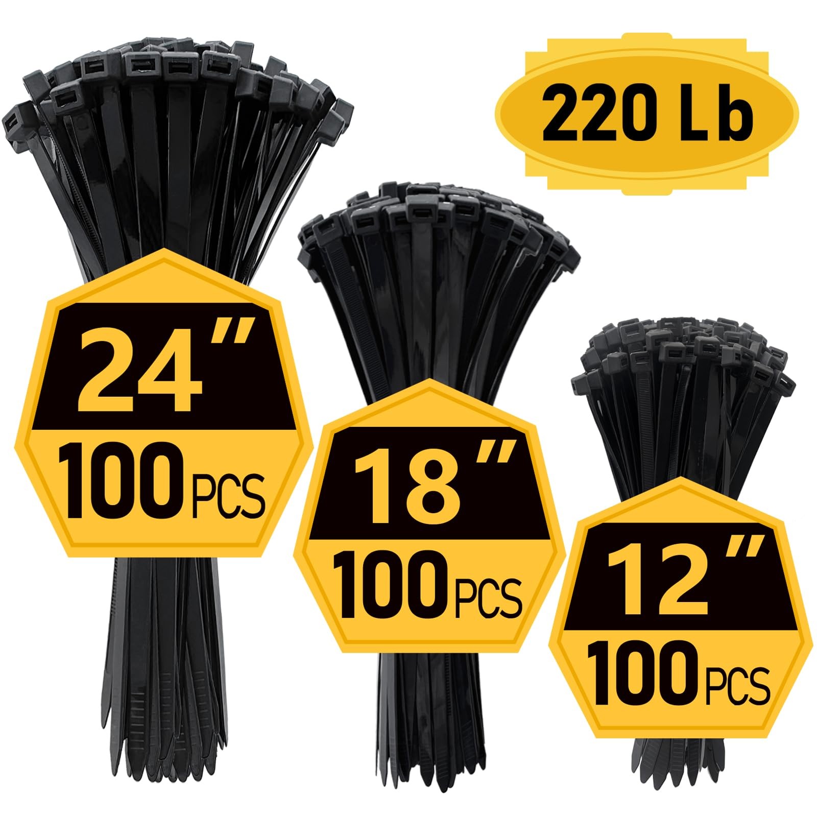 Zip Ties, Zip Ties Heavy Duty, Assorted Sizes 12"+18"+24"300 Pack, Cable ties...