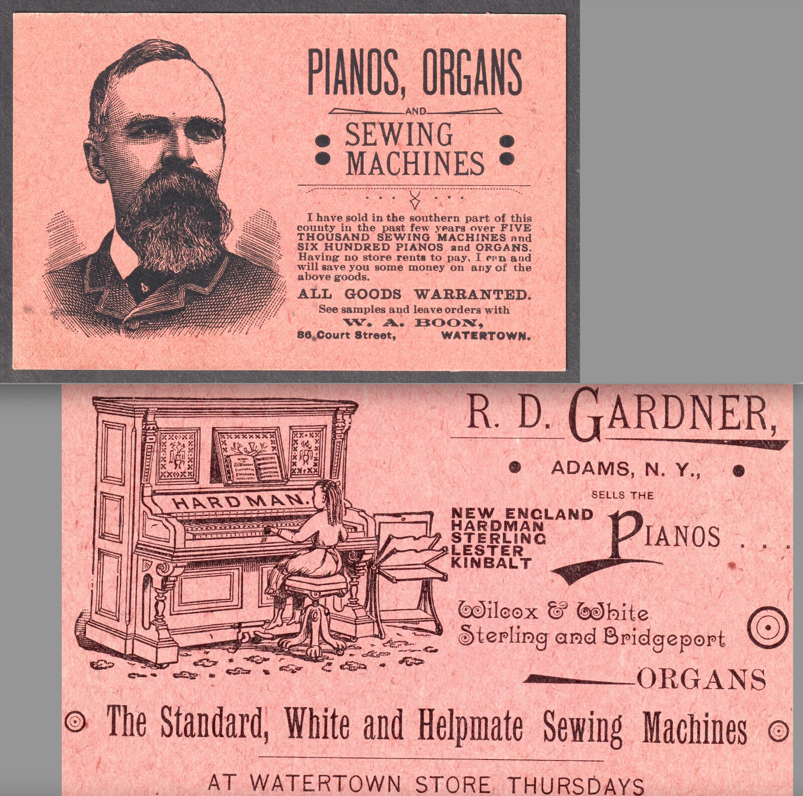 Hardman Piano Watertown Adams New York Music Store W.A. Boon Portrait Trade Card