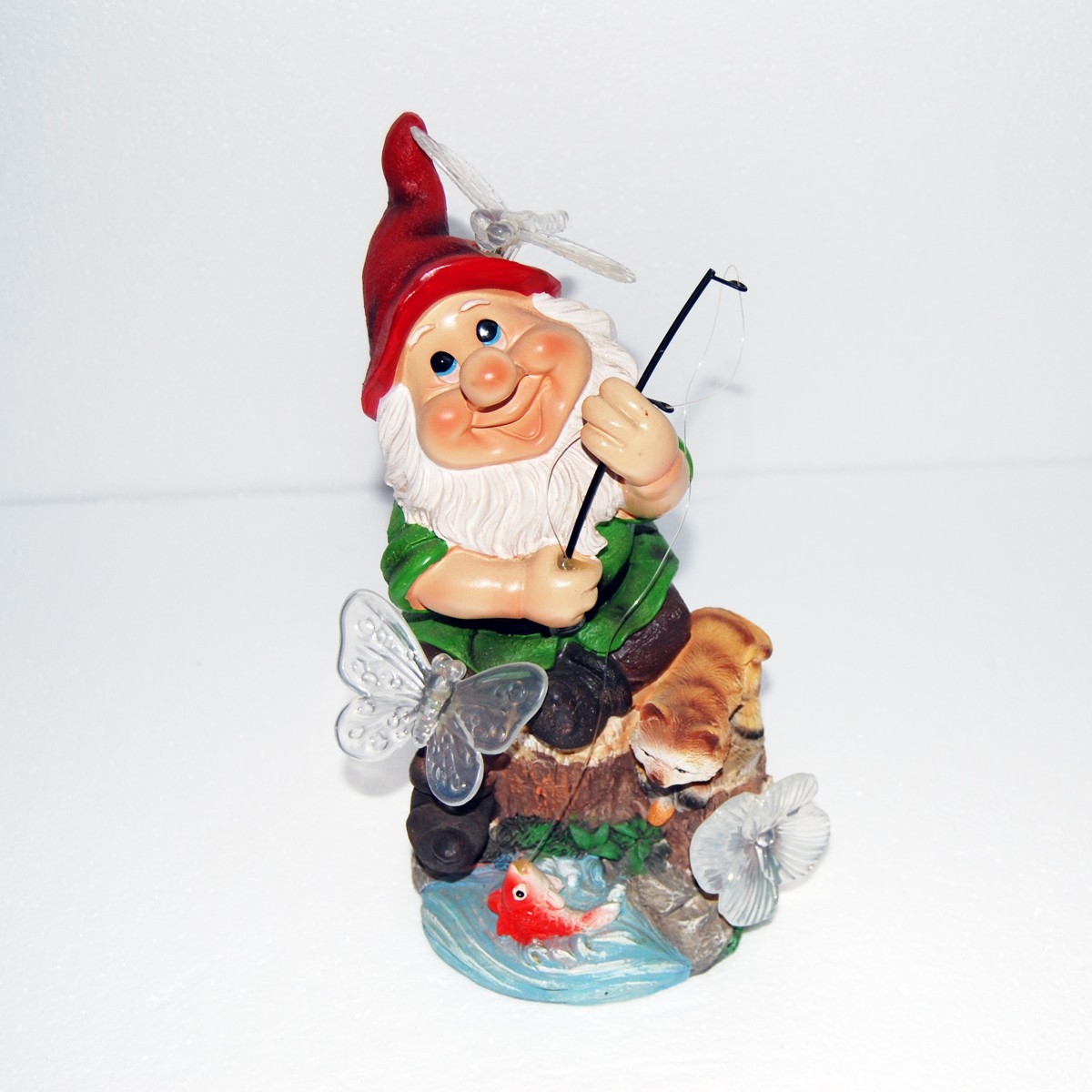 Vintage Happy Garden Gnome w/Dog, Butterfly, Fish, & Dragonfly Solar Led Lights