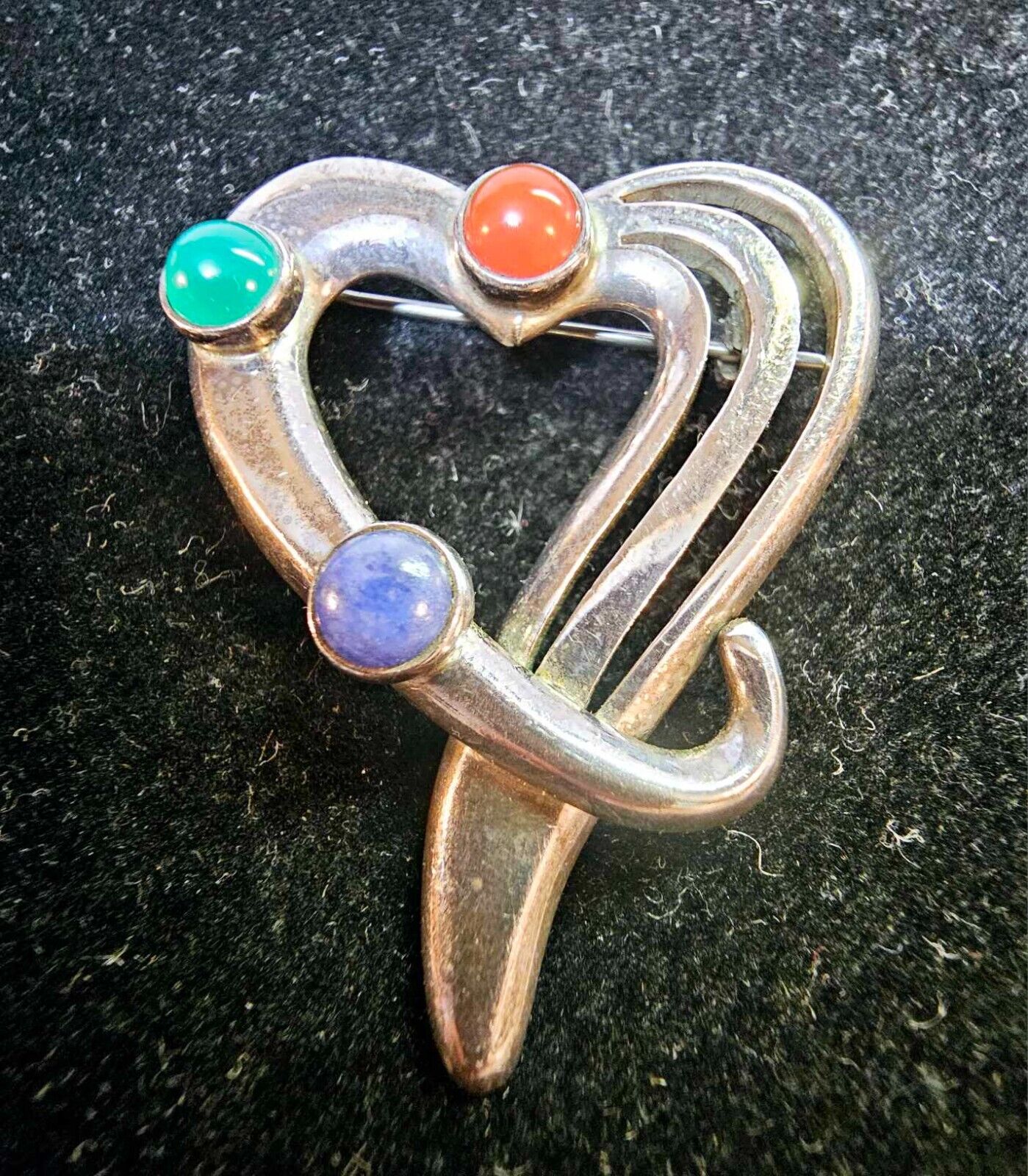 925 Sterling Silver Mexico Heart Brooch Pin w Multi Gem Carnelian Green Blue-B31
