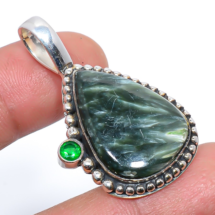Russian Seraphinite & Chrome Diopside 925 Silver Pendant 1.65" T78