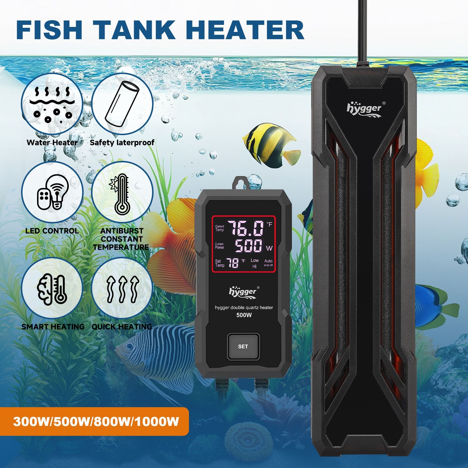 hygger Digital Aquarium Heater Double Quartz Anti-Explosion for 40-260 Gallon