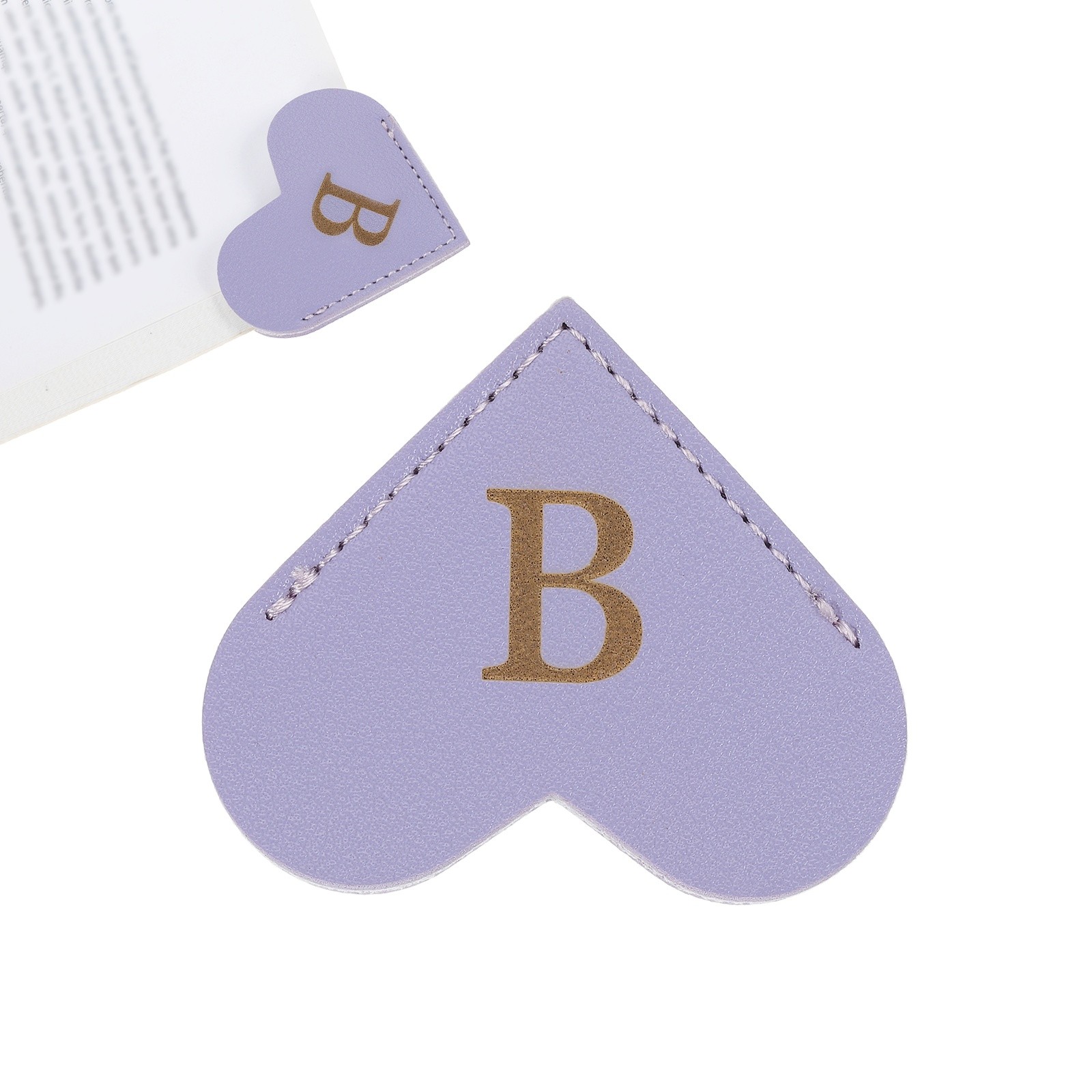 Initial B Corner Bookmarks,  Heart Shape Leather Book Marks Markers, Purple