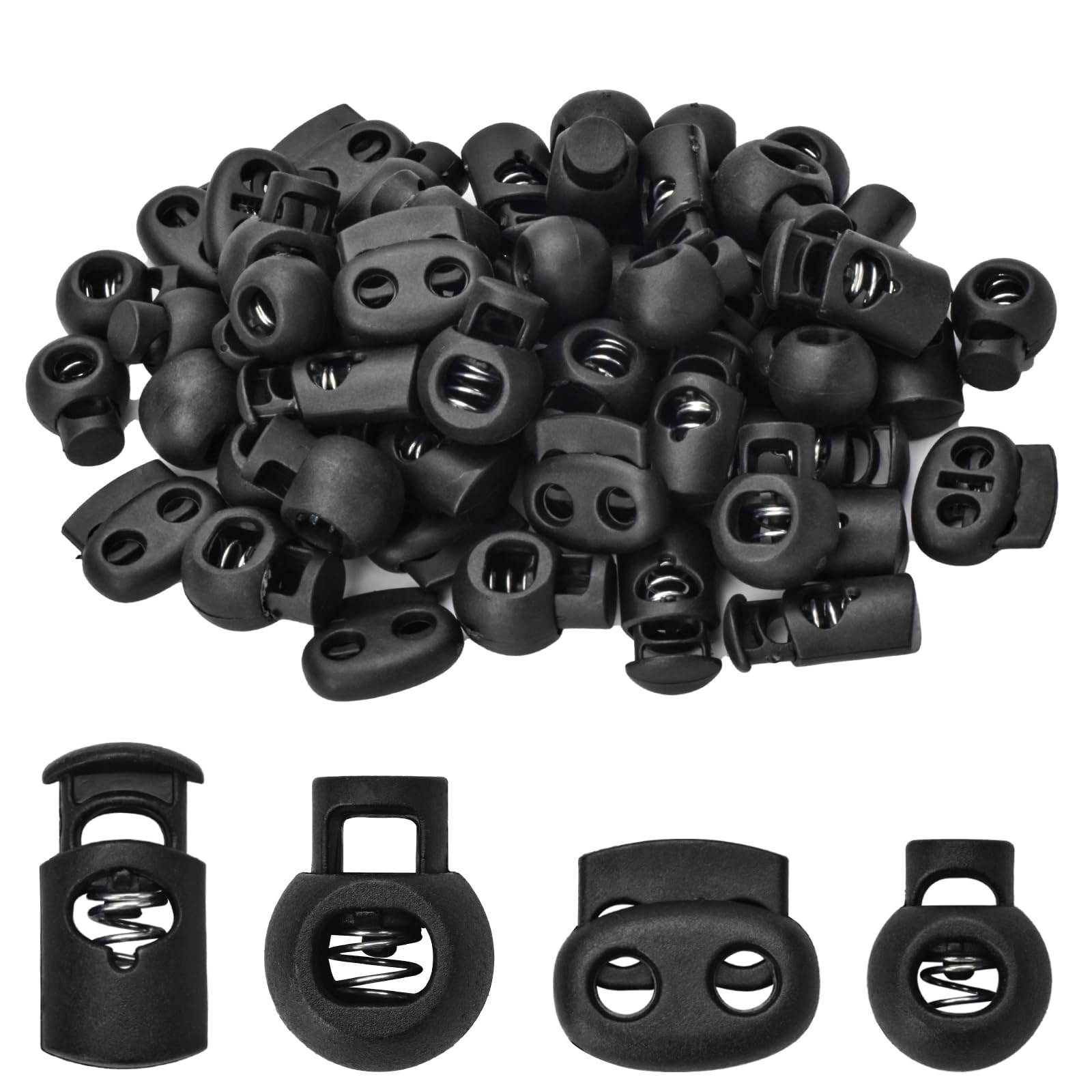 60 Pcs Plastic Cord Locks 4 Styles Spring Toggle Stopper Single 0, Black 