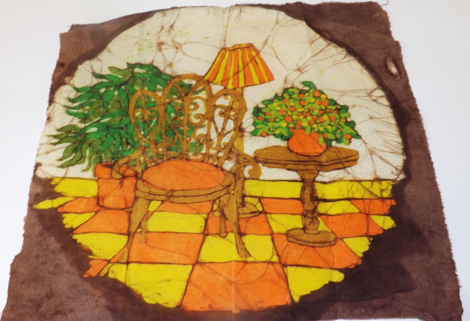 Vintage 1960s BATIK Tie Dye ART Artwork Still life Fabric Picture Frameable 12.5