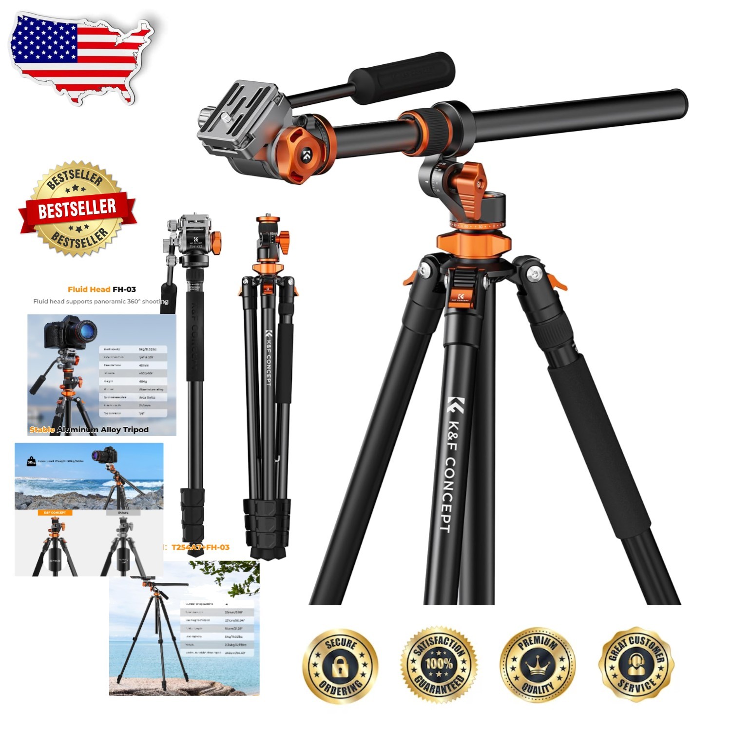 Pro 90" Horizontal Camera Tripod, Fluid Head, Detachable Monopod, 230cm Max Ht