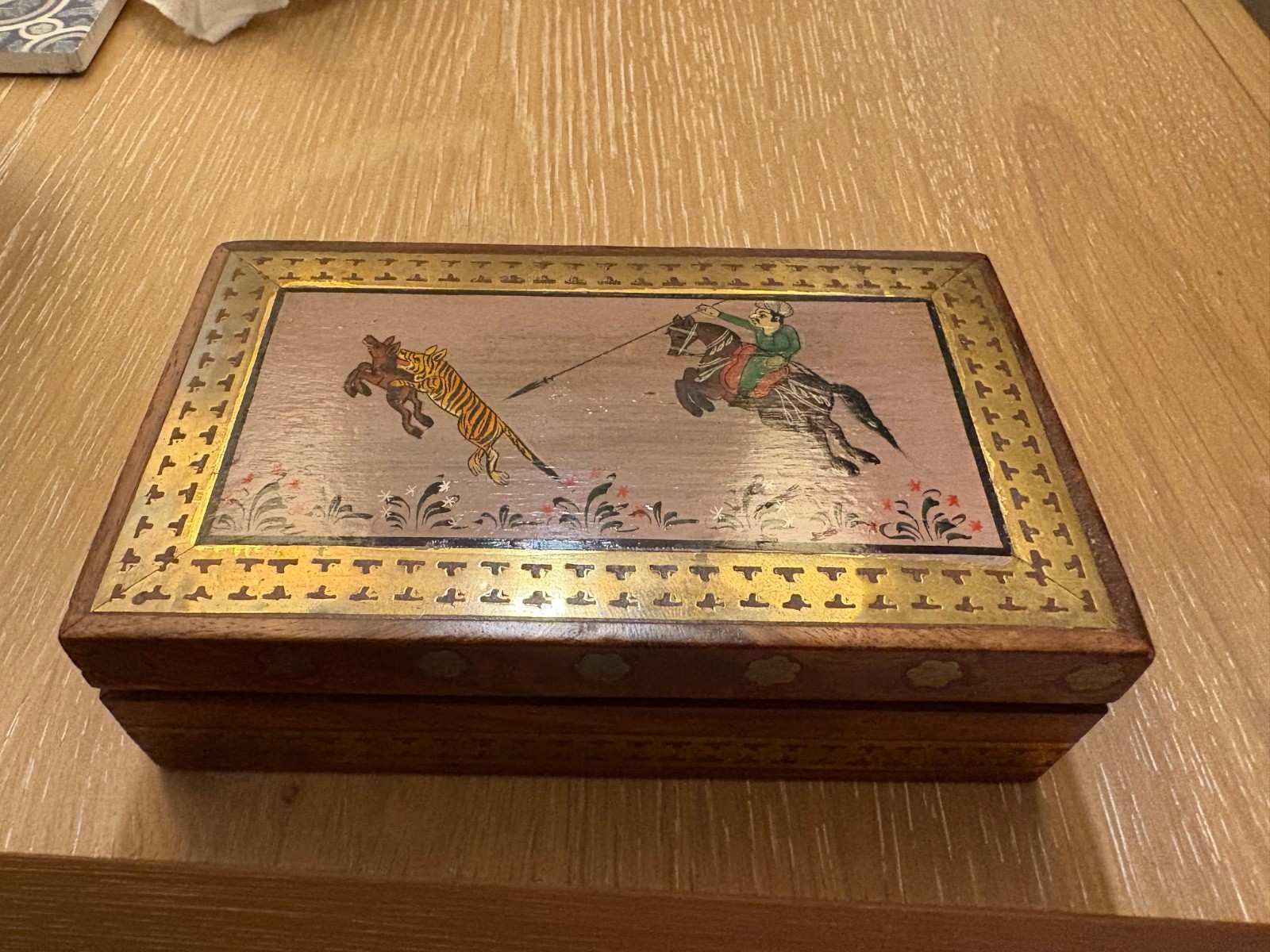 Vintage Wooden trinket box carved red velvet lined brass hardware Hand Painted