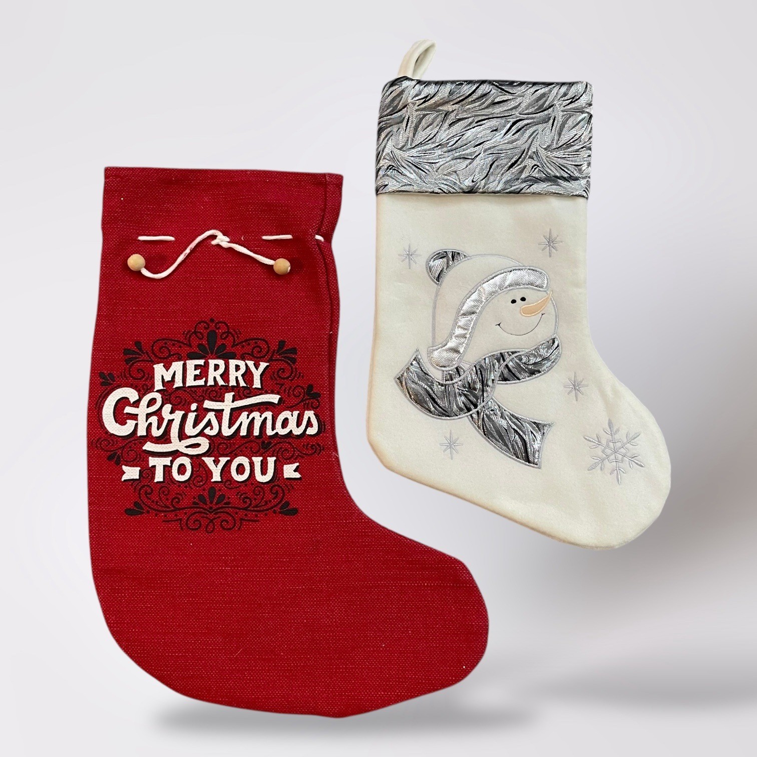 Set of 2 Christmas Stockings Red Merry Christmas Snowman Holiday Decor