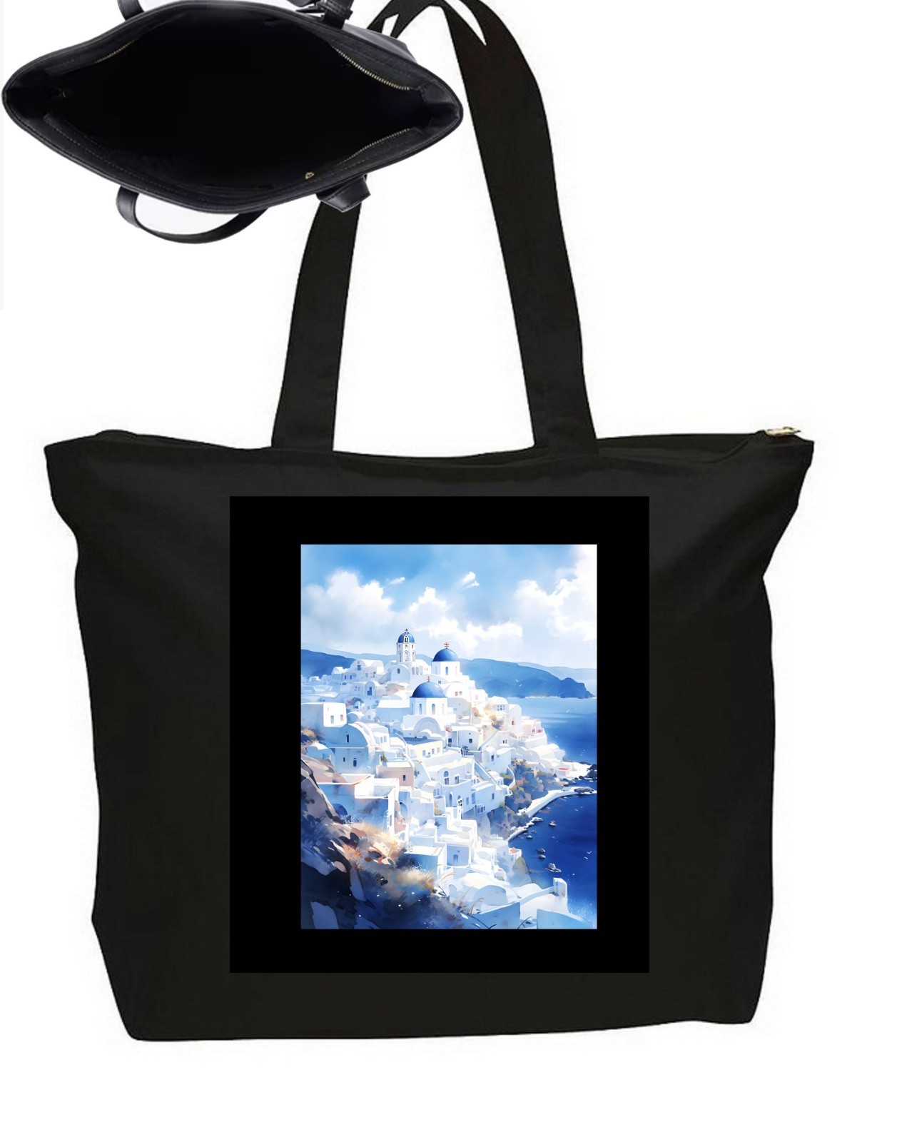 Seaside Ocean Greece Santorini Tote Bag   Zipper Closure Travel Poster Art 20"