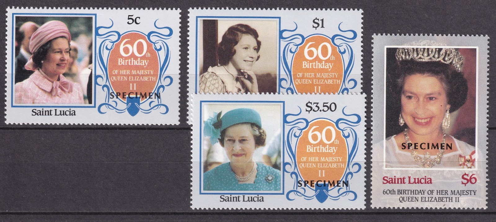 ST LUCIA Specimen Set: 1986 QEII 60th Birthday SG876/879 - Fine MNH