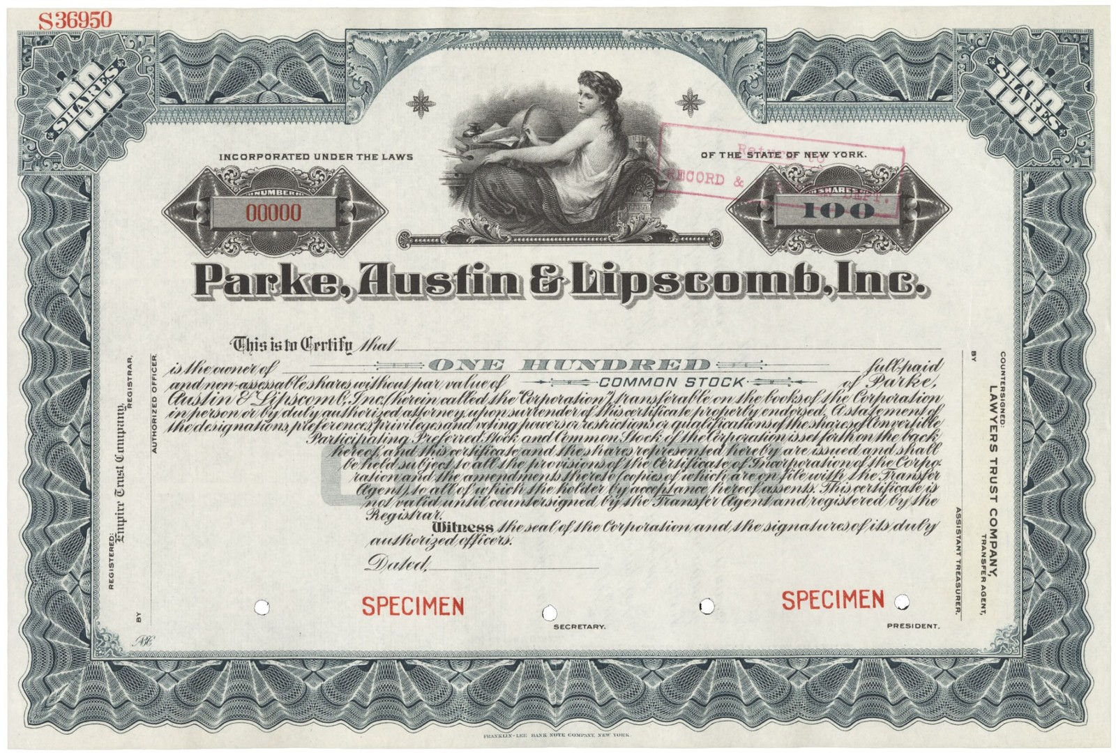Parke, Austin & Lipscomb, Inc. Stock Certificate.