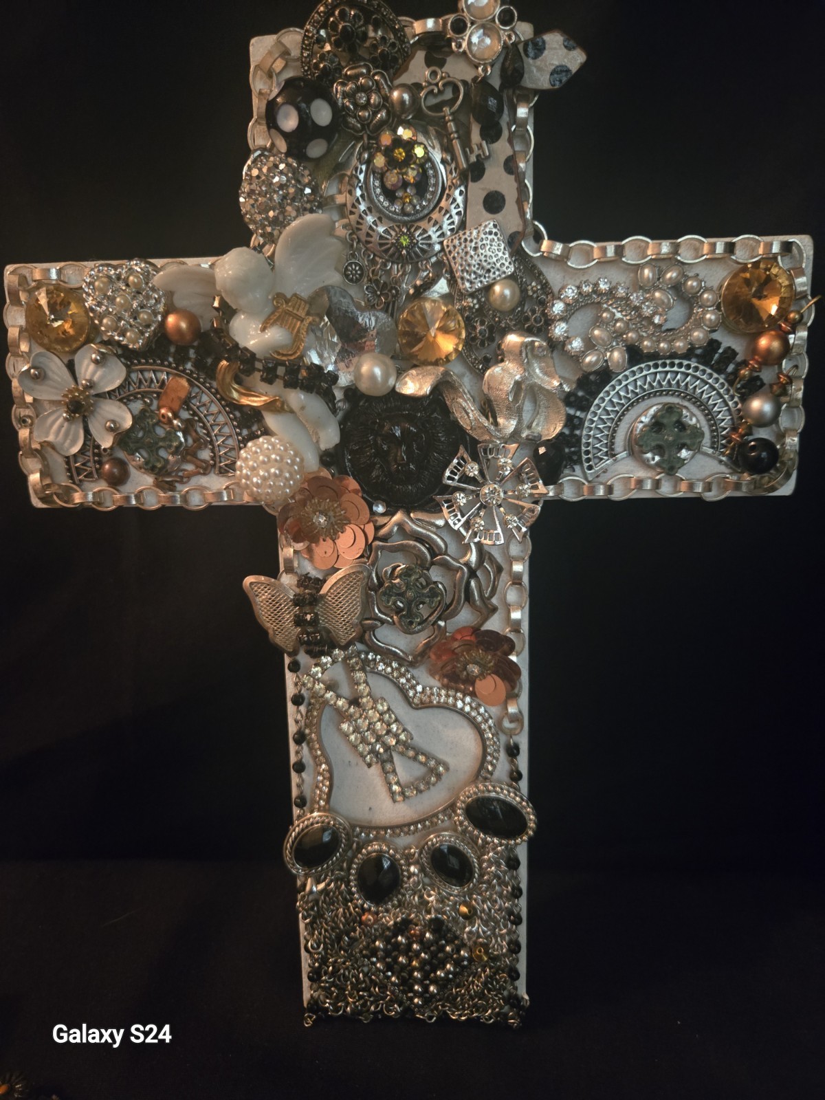 Handmade Mixed Media Assemblage Cross Art OOAK Angel Butterfly Metal Glass