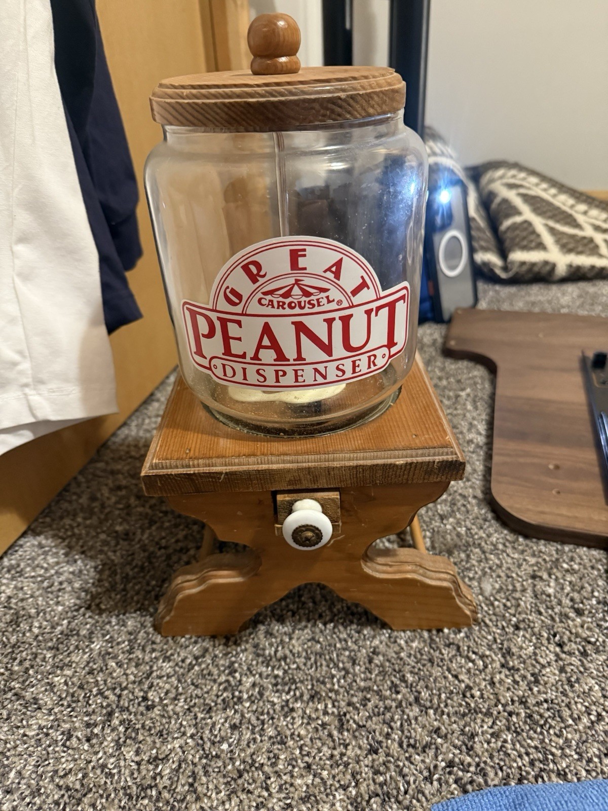 Carousel Vintage Wooden Glass Peanut Dispenser Collectible Vending Machine