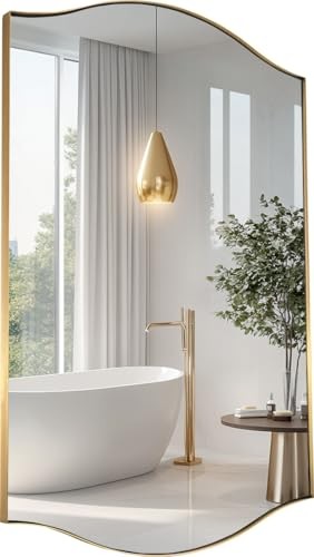  Gold Bathroom Mirror, 24"x36" Brushed Brass Scalloped 36"L x 24"W Brushed Gold