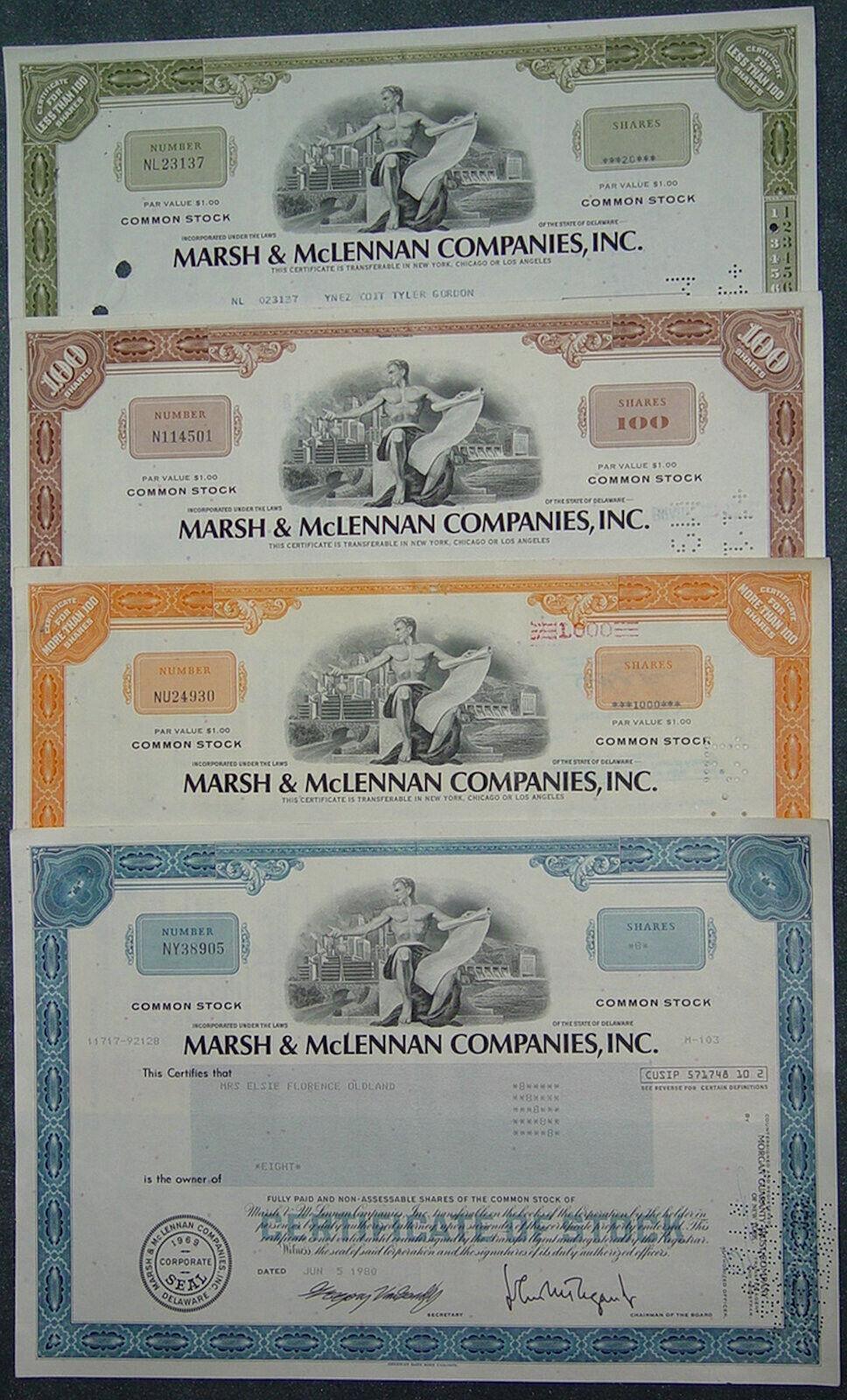 100 x Marsh & McLennan Companies, Inc. 1970 and 1980s, various denominations