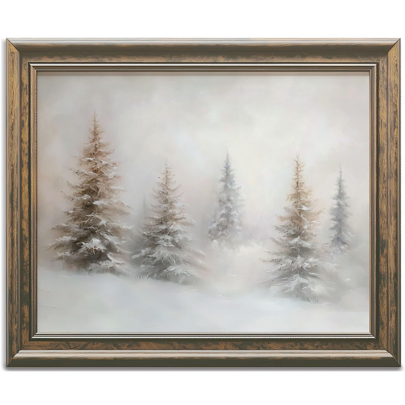 Neutral Christmas Wall Art Vintage Winter Print Pine Tree Painting Beige Chri...