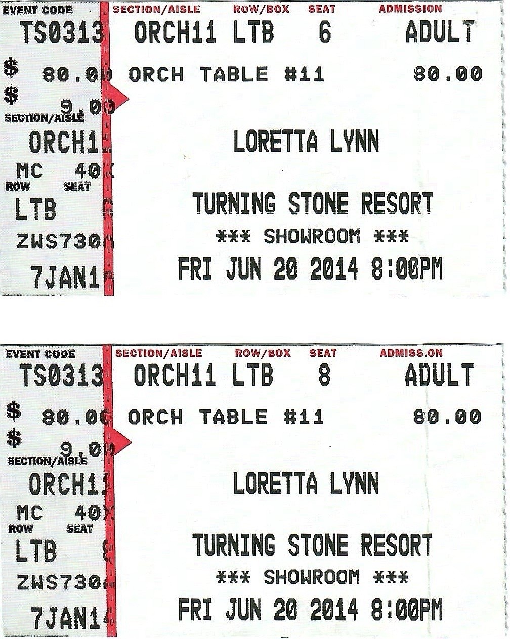 LORETTA LYNN LOT OF 2 USED TICKETS FROM 2014 SYRACUSE,NY CONCERT    MUSIC LEGEND