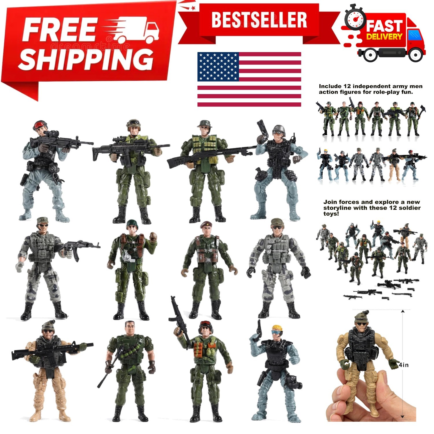 Army Men and SWAT Team Toy Soldiers Action Figures with Military Weapons Acce...