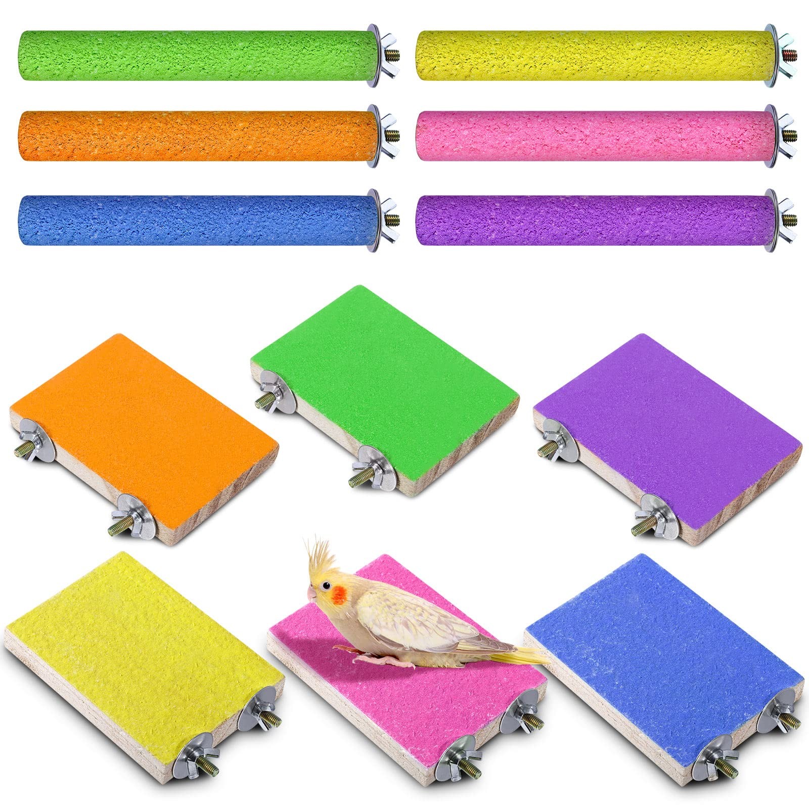 12 Pcs Bird Perch Stand Toy Includes 6 Parrot Perch Wood Stand Bird Platform ...