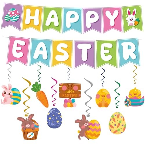 Easter Decorations - Hanging Swirls, Easter Banner - Easter Yellow blue sliver