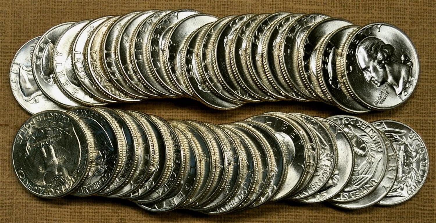 Original Choice to GEM BU Roll of 40 1955 Washington Quarters