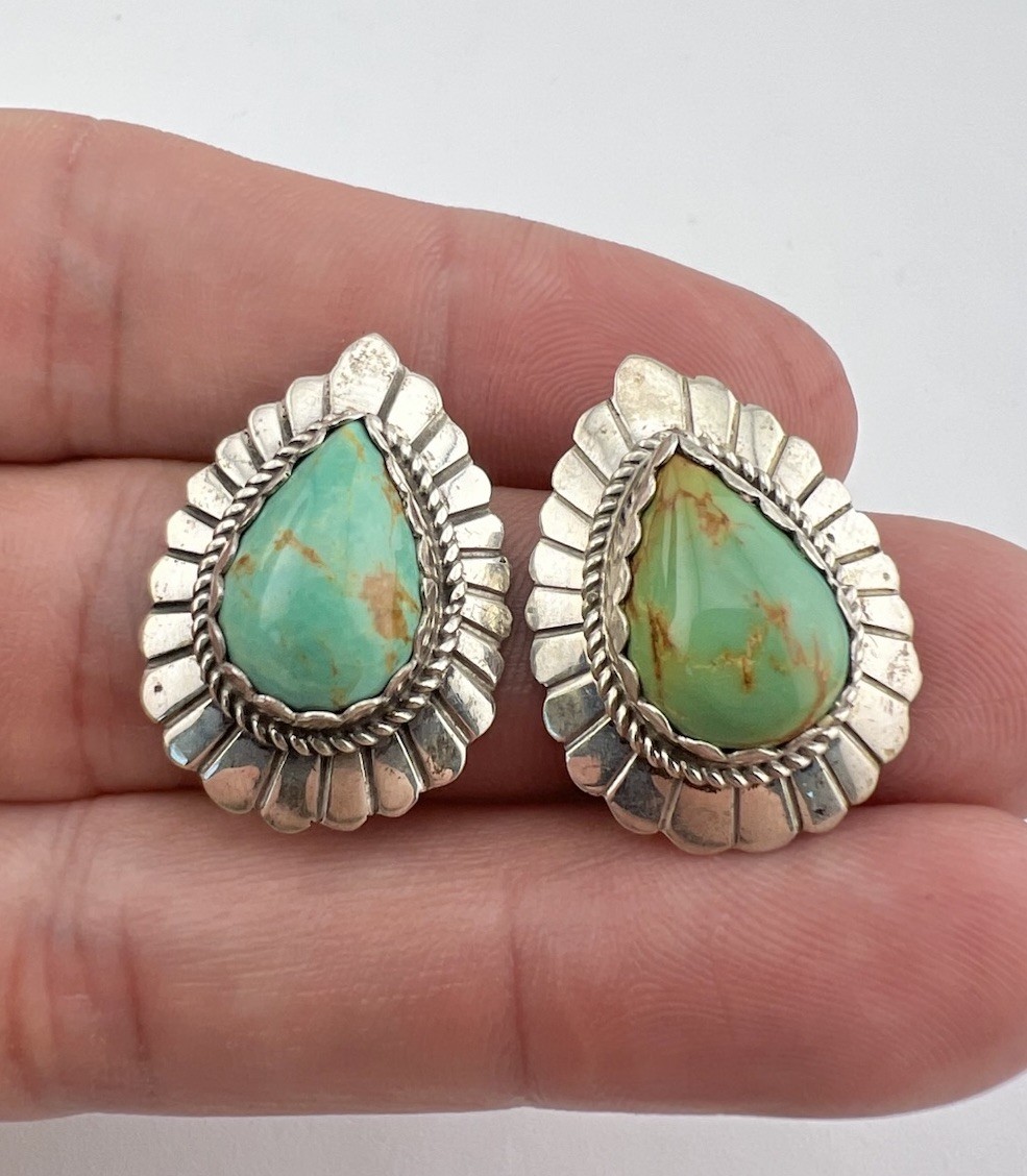 Vintage Navajo Sterling Silver Royston Turquoise Stamped Teardrop Post Earrings