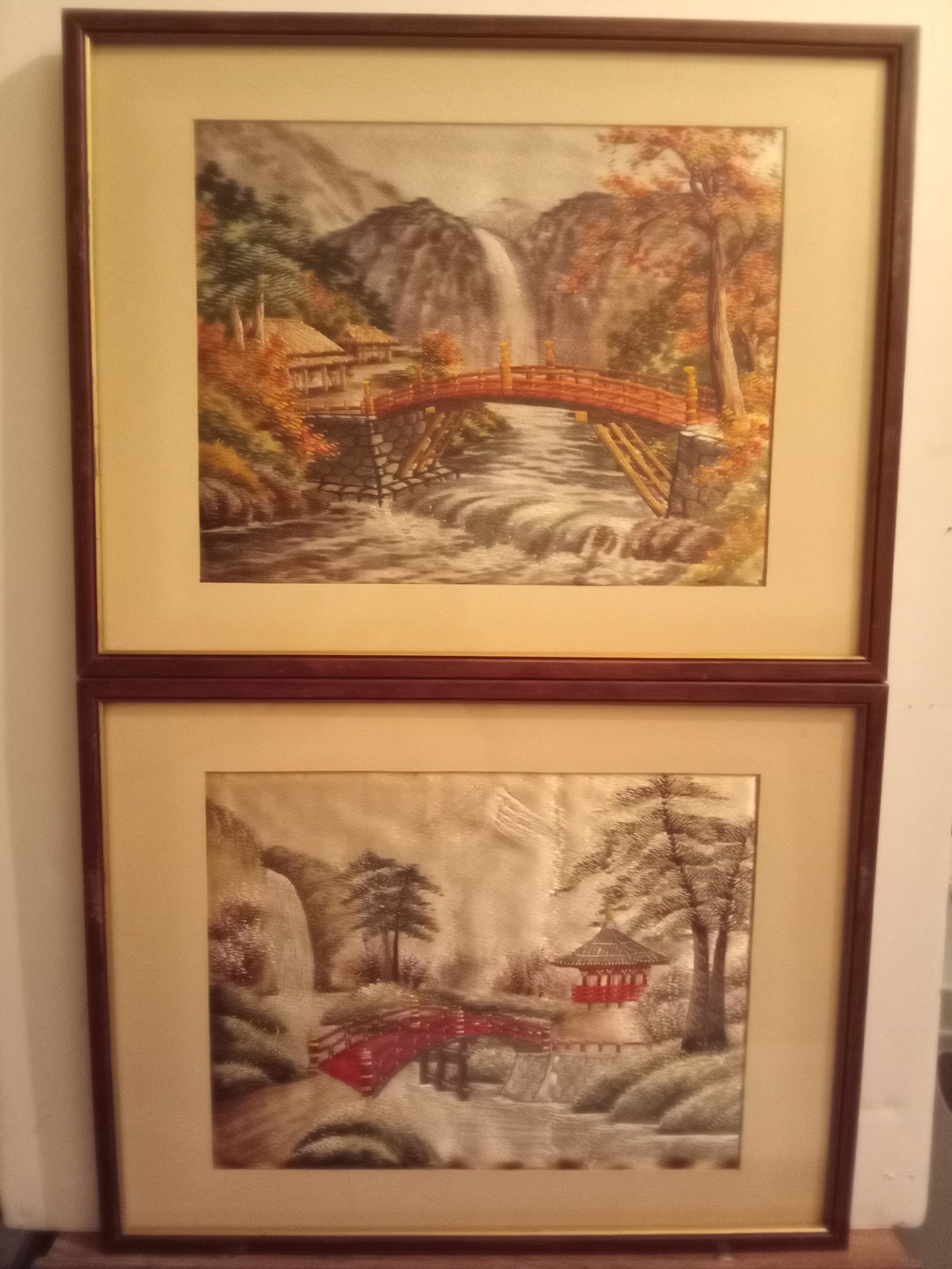 Japanese Silk Embroidery Framed Art Set Bridge Pagoda Landscape Nature