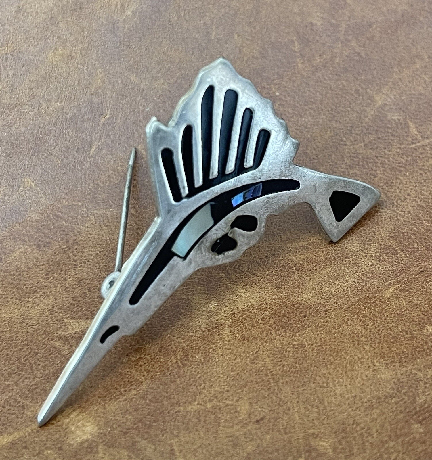 Vintage Taxco Signed Sterling Silver Abalone Shell Inlay Marlin Fish Brooch Pin