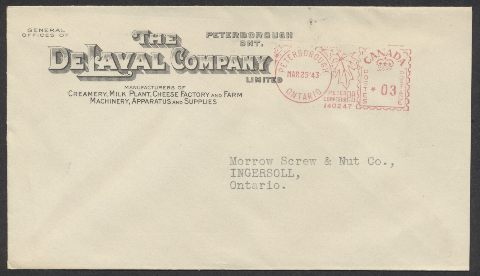 1943 DeLaval Farm Machinery Illustrated Advertising Cover Peterborough ONT Meter