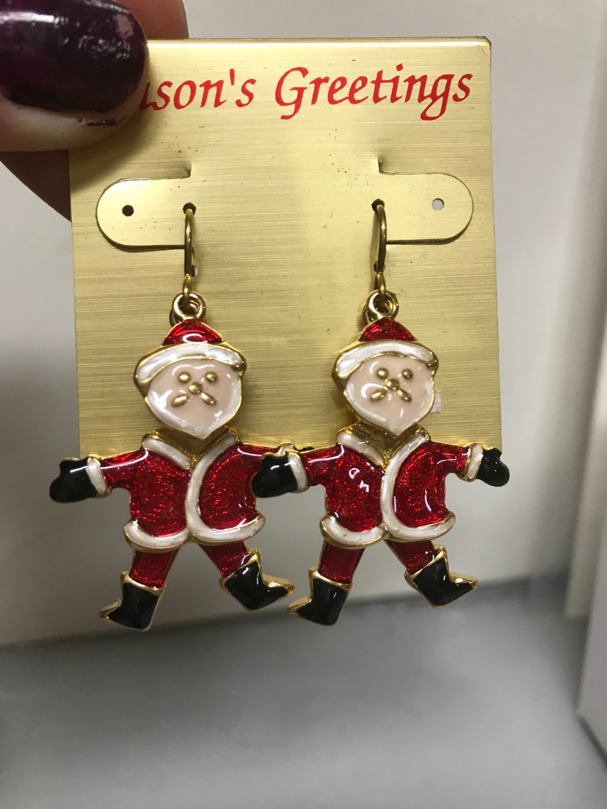 Vintage Enamel Gold Tone Movable Santa Christmas Pierced Earrings 2"