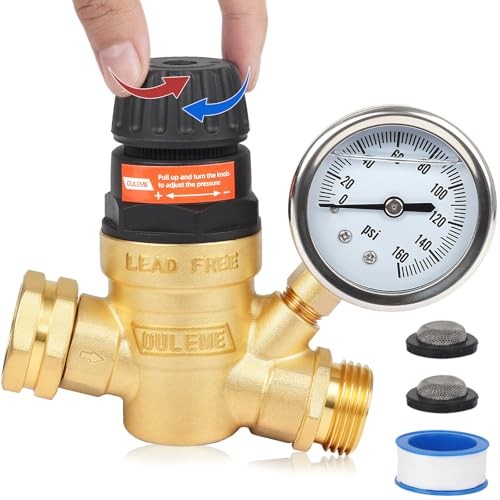  RV Water Pressure Regulator Valve with Handle Adjustable, Silicone Oil Gauge, 