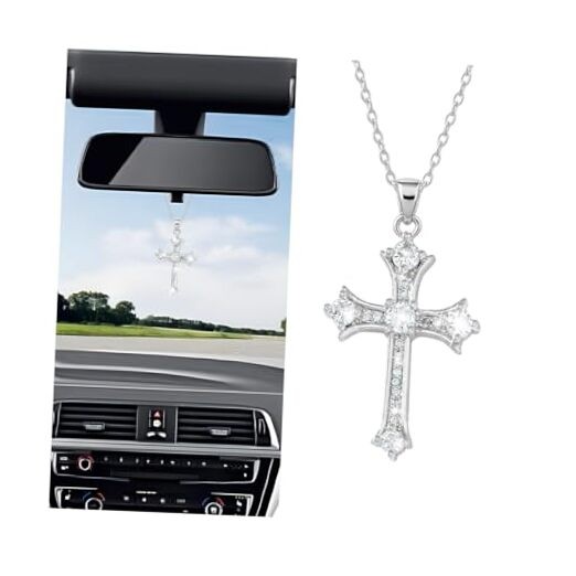 Bling Cross Car Hanging Ornament, Crystal Rhinestones Religious Vehicle Silver