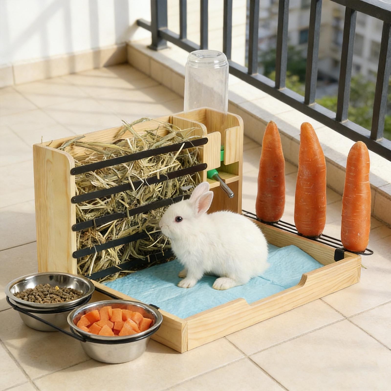 Rabbit Hay Feeder with 2 Bowls and Litter Box Bunny Manger Cage Accessories