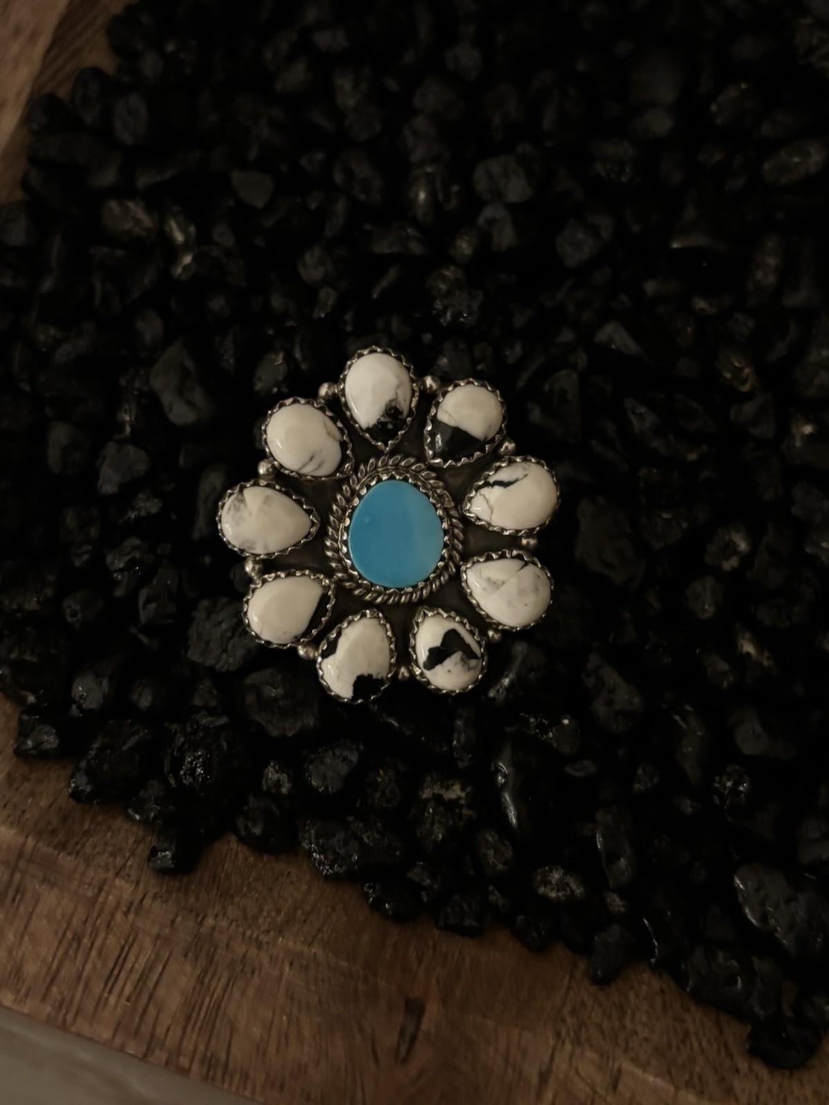 Kingman Turquoise & White Buffalo Cluster Statement Sterling Silver Ring