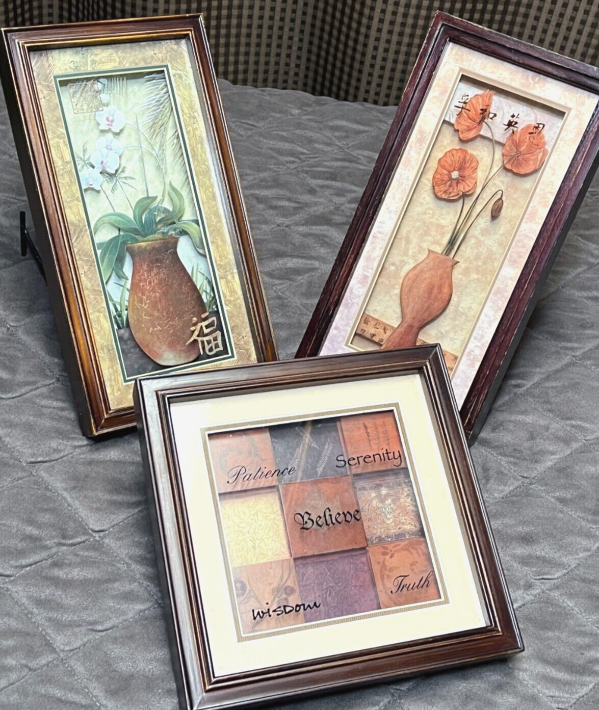 Lot of 3 Various Framed Wall Hanging Shadow Box Art Asian Japanese Flowers Vase