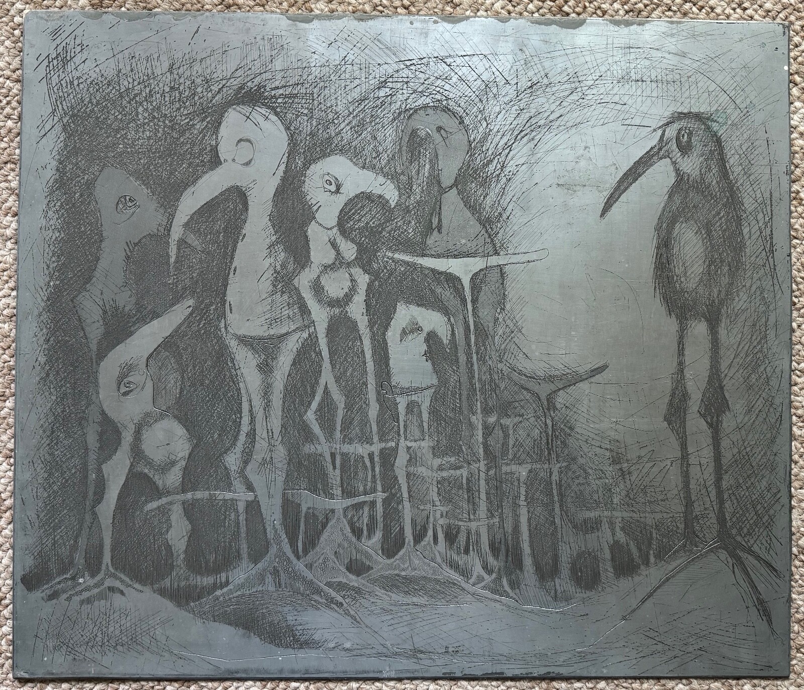 Rare Vintage Metal Printing Plate Abstract Birds Charles SHOEmaker Whimsical - 5