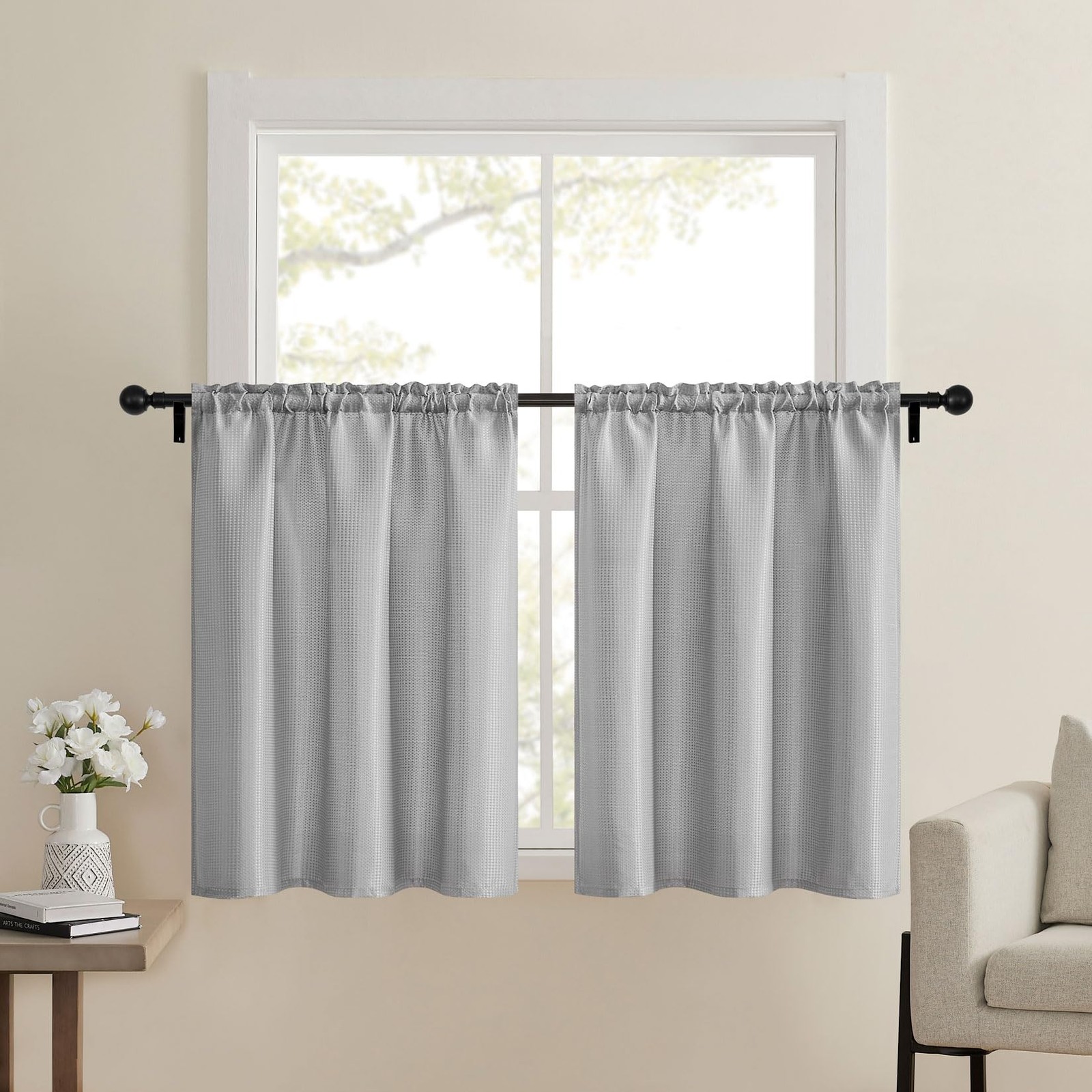 Grey Waffle Bathroom Window Curtains, Short Water Repellent Rod Pocket for Sm...