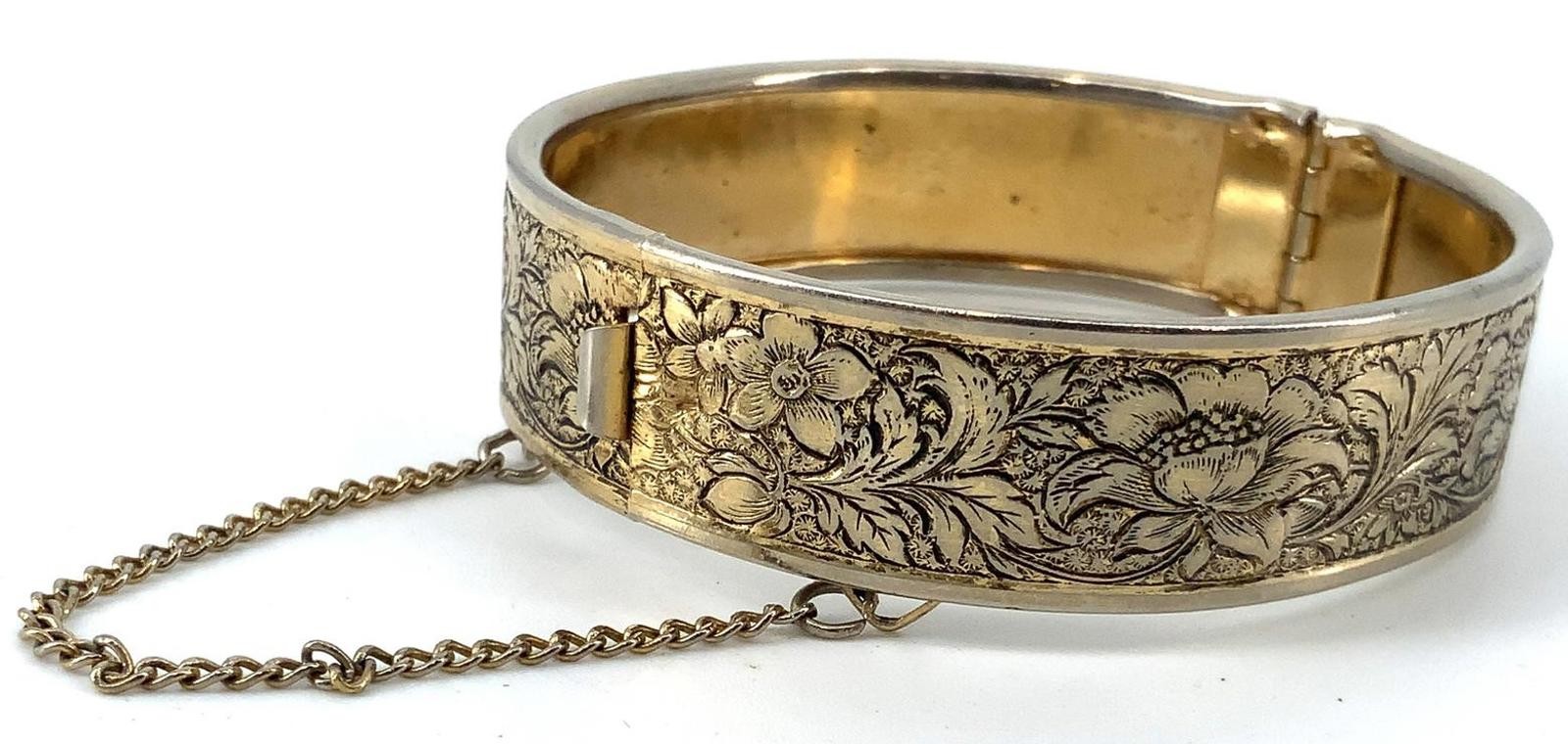 Vintage Gold Tone Etched Floral Bangle Hinged Clasp Safety Chain Boho Bracelet