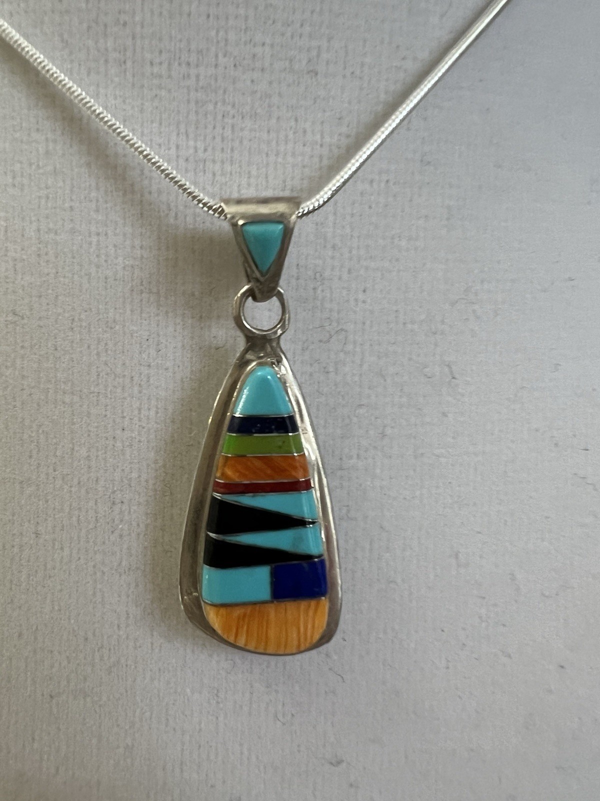 Reversible SS Southwest Style Teardrop Pendant W/Turquoise Inlay 18” Chain