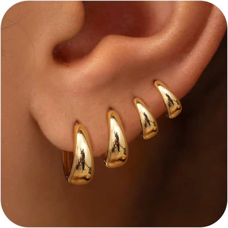 4 Pairs Small Huggie Hoop Earrings for Women, Chunky 14K Gold Plated Earrings St