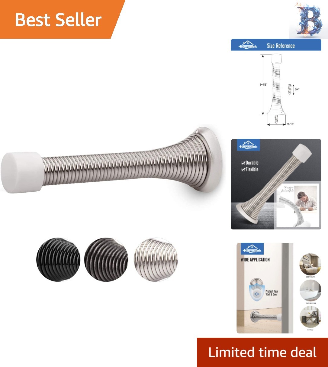 Effortless Installation Spring Door Stop in Satin Nickel - 3-1/8” Compact Design