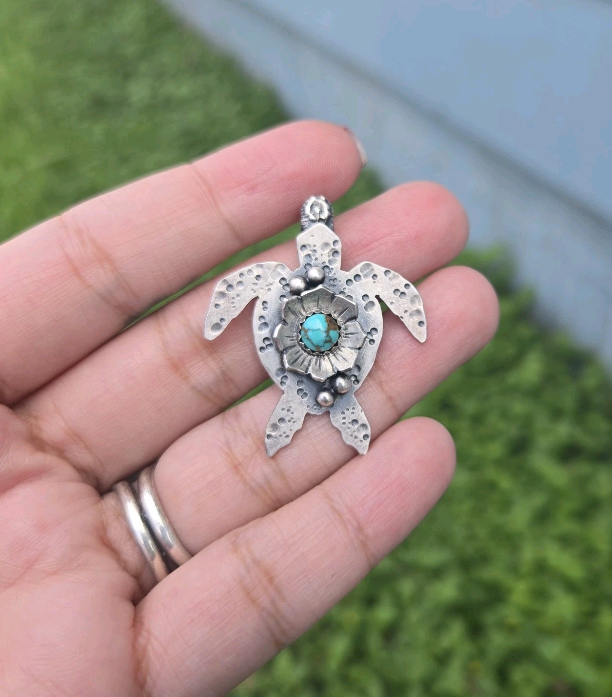 Chromafusion Sea Turtle Pendant With Turquoise Stone Artisan OOAK Handmade 