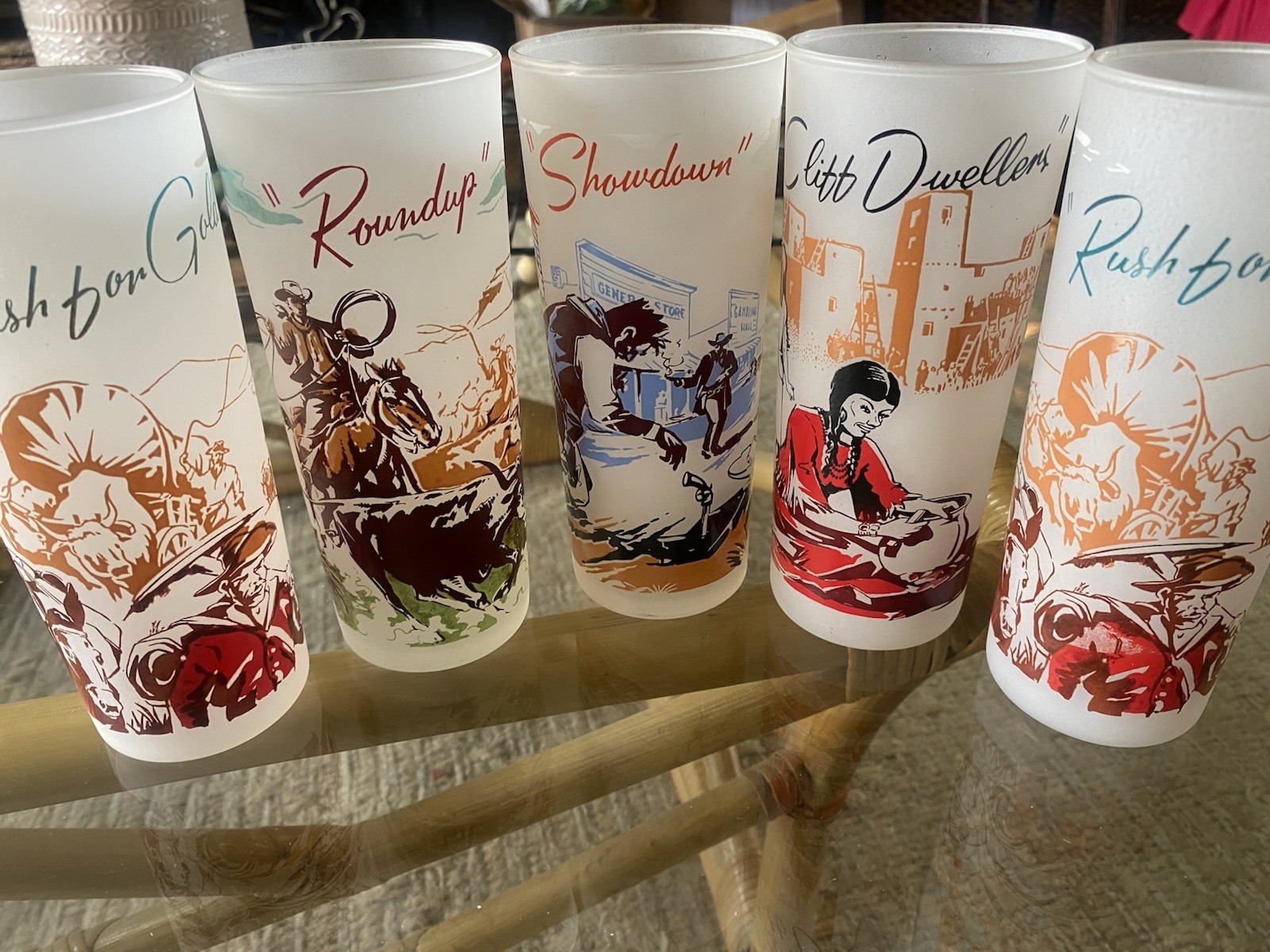 Vintage 1950’s Western Cowboy Wild West Frosted Glass Set Of 5