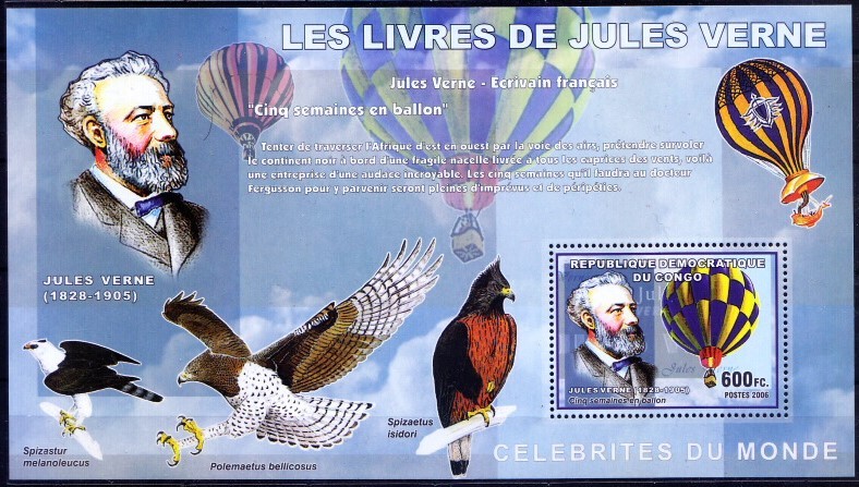 Congo 2006 MNH MS, Jules Verne, Science Fiction, Birds Eagle, Space Balloon 