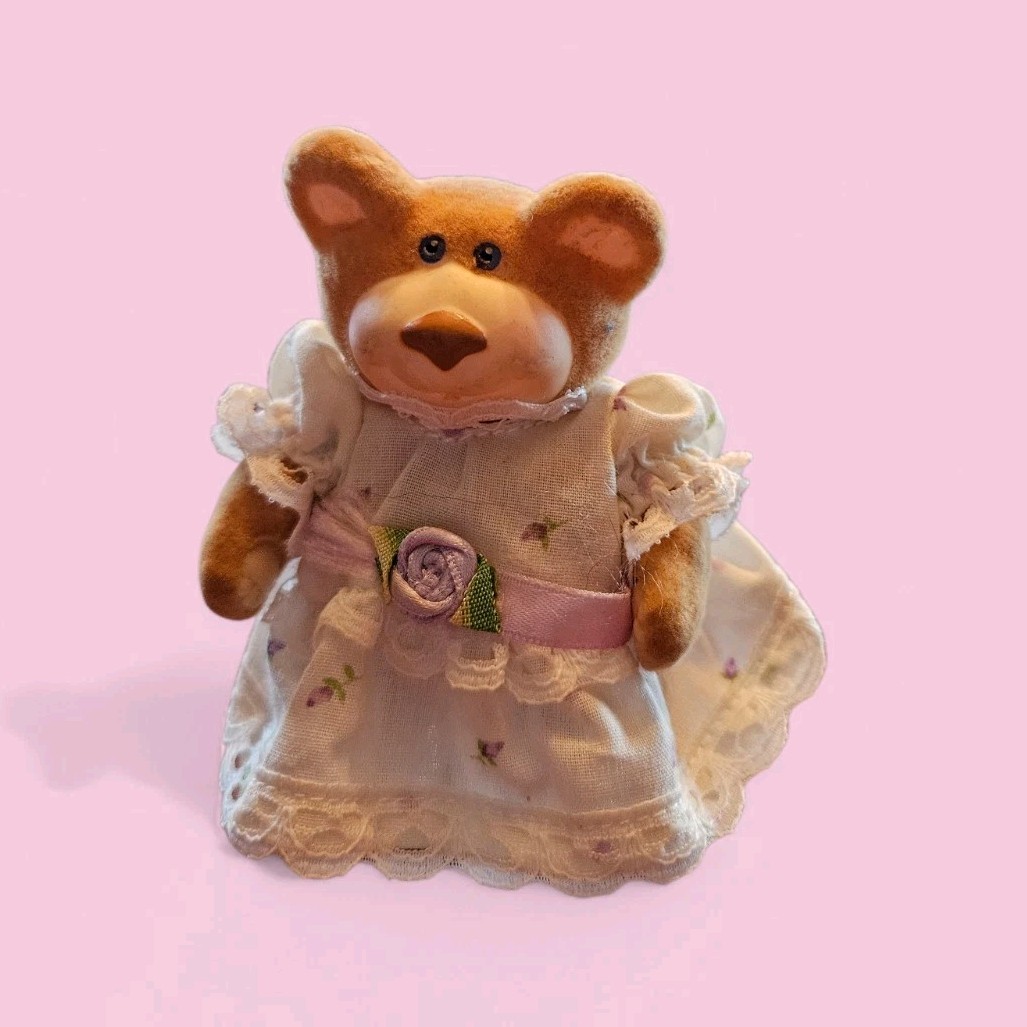 Furskins Bear Figurine Brown with White Purple Dress Flocked Moveable Arms Legs