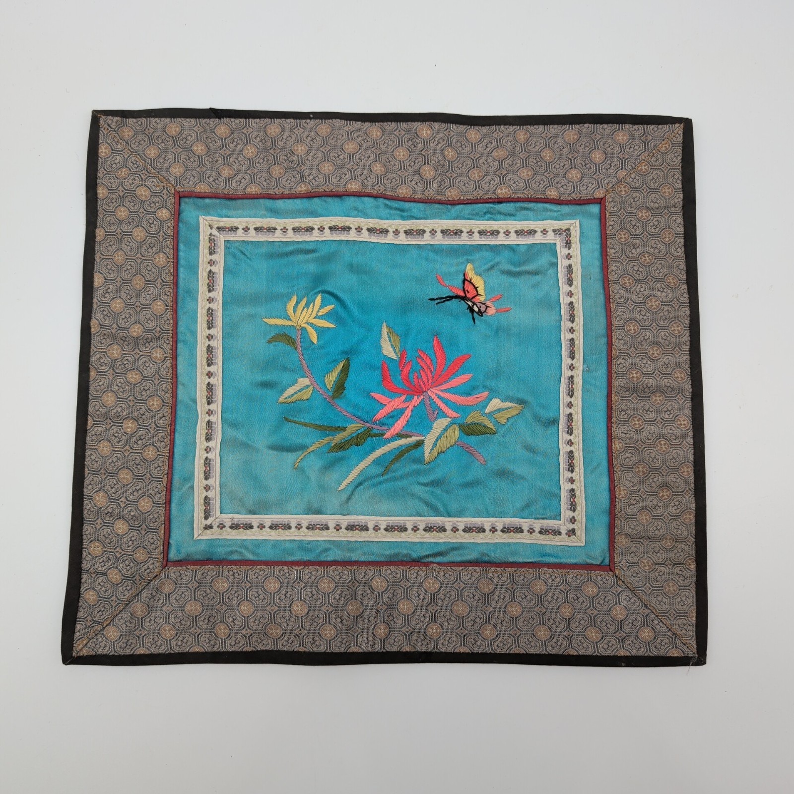 Chinese Hand Embroidered Silk Square Panel Butterfly & Flowers Blue Background