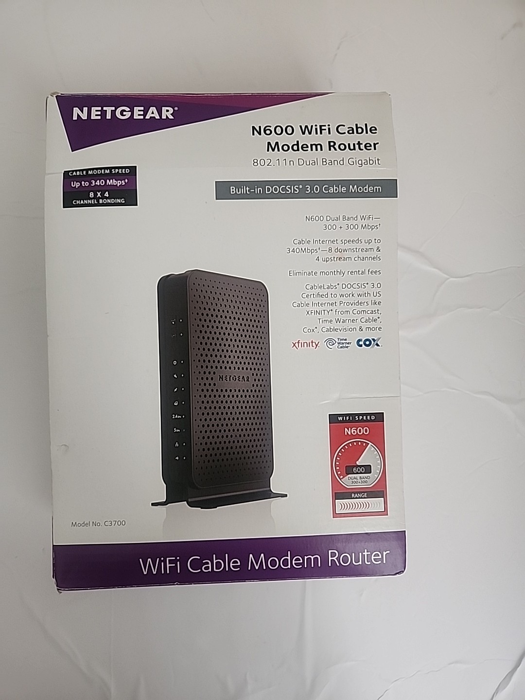NETGEAR N600 WiFi Cable Modem Router Model C3700 Black with Power Cord