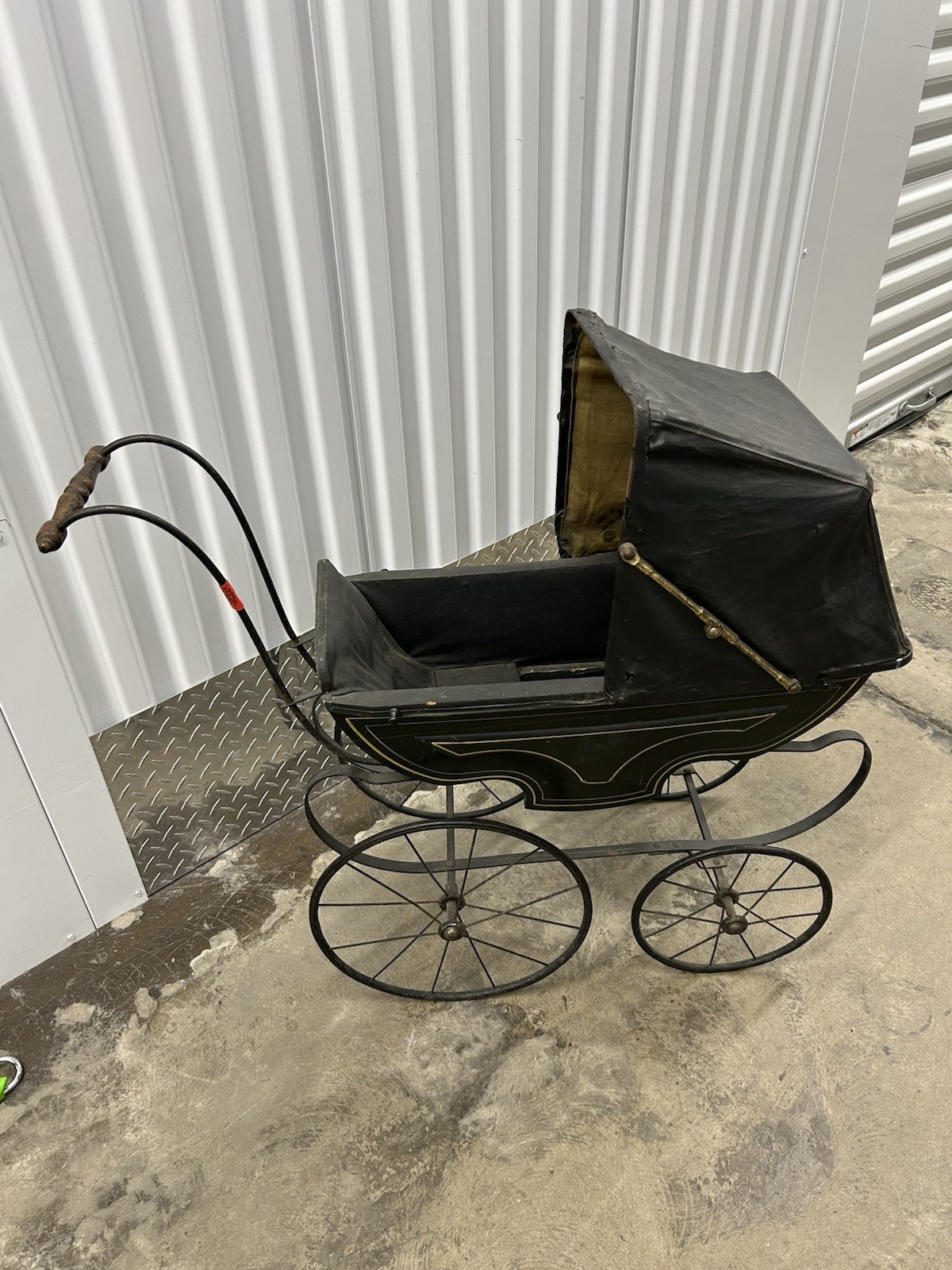 Vintage Antique Baby Doll Carriage Pram Wood, Metal, Leather Stroller