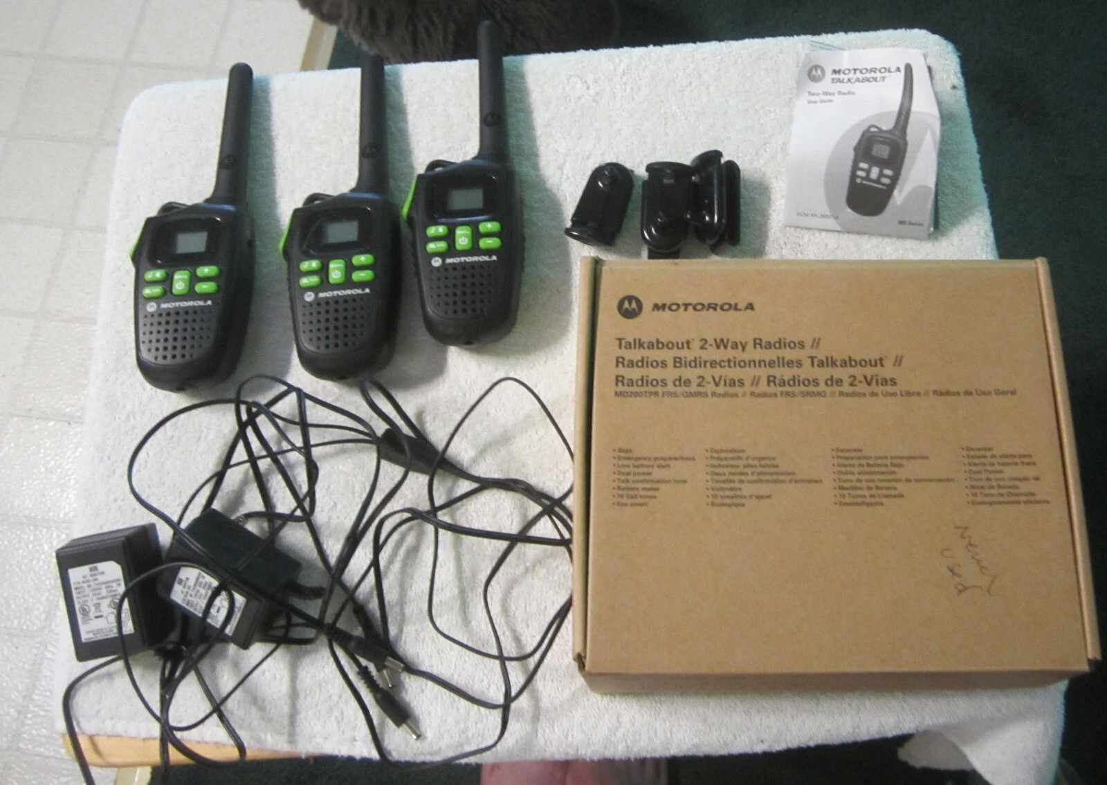 3 Motorola  New NOS Talkabout Two-Way Radios KEM-ML36801A Chargers Batteries