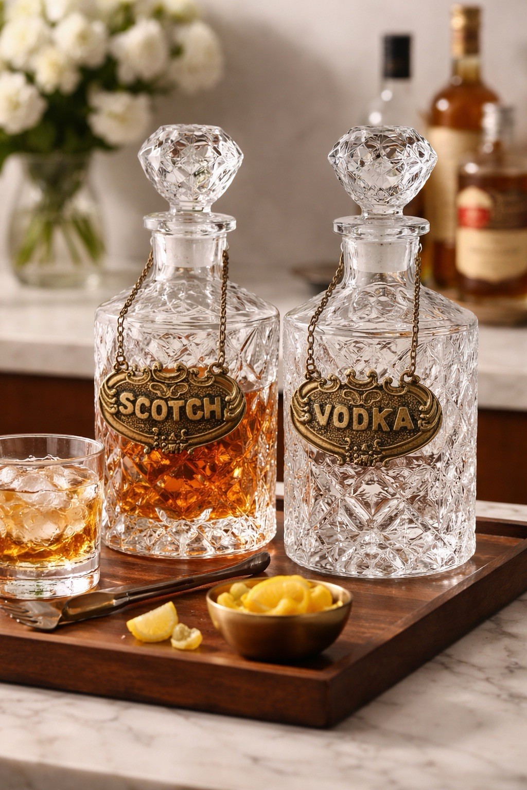 Vintage Metal Decanter GIN  & VODKA tags With Chain